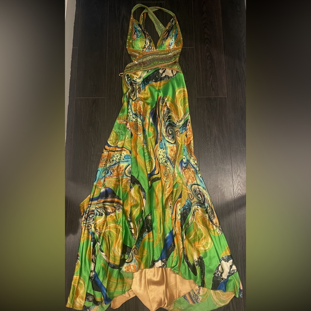 Jovani Green Multicolor Printed Maxi Dress